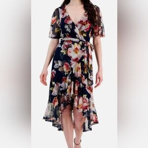 Connected Apparel womens floral print asymmetrical wrap dress